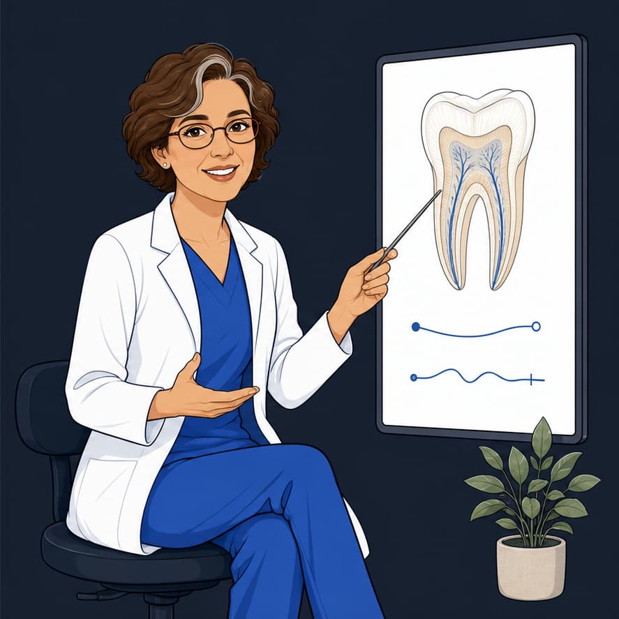 Endodoncista de pelo corto, lentes y bata explicando los conductos de un diente