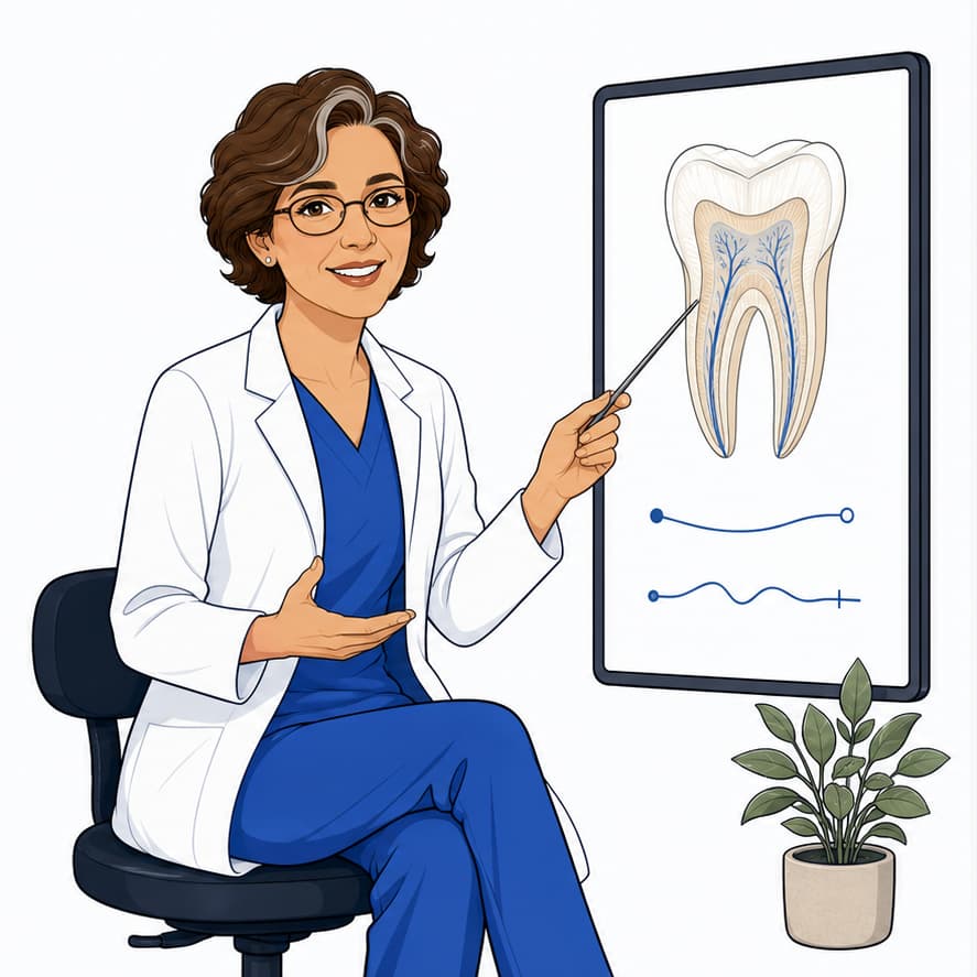 Endodoncista de pelo corto, lentes y bata explicando los conductos de un diente