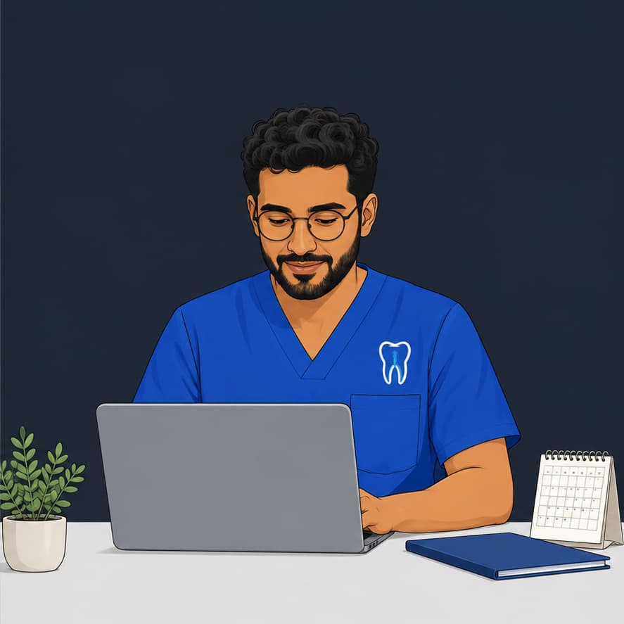 Endodoncista con un diente bordado en su uniforme, trabajando en su laptop