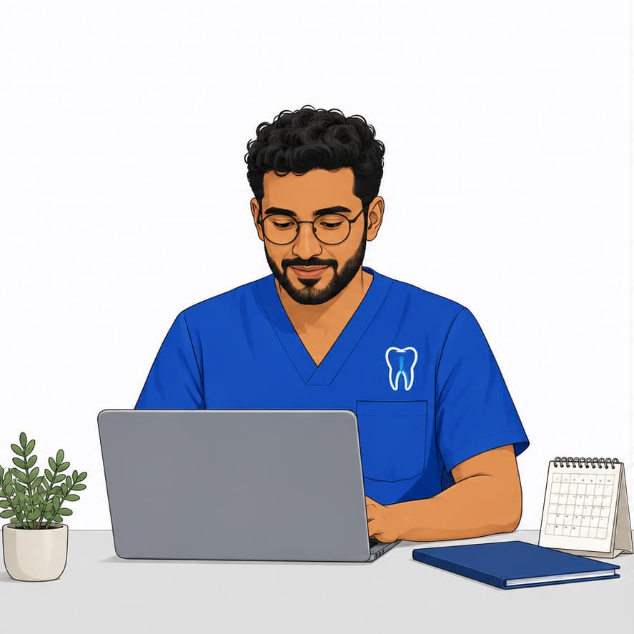 Endodoncista con un diente bordado en su uniforme, trabajando en su laptop
