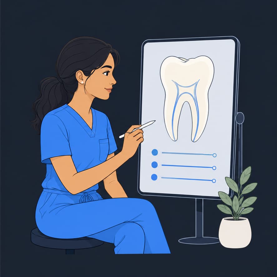 Ilustración de una endodoncista revisando un caso clínico junto a un diagrama dental