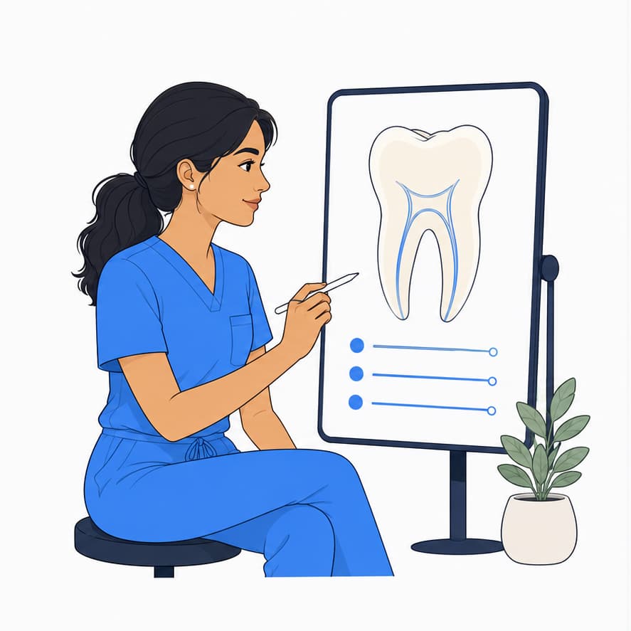 Ilustración de una endodoncista revisando un caso clínico junto a un diagrama dental